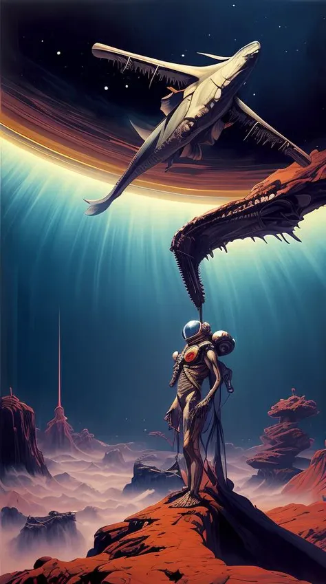 DUNGHUANG,DUNGHUANG BACKGROUND,on the sky,on the clouds,Fairyland, surrounded by clouds and smoke, oriental palace bridge, monster, "realistic detailed image of an cosmonaut alone in the tundra next to whale skeleton in the style of Francis Bacon, Surreal, Norman Rockwell and James Jean, Greg Hildebrandt, and Mark Brooks, triadic color scheme, By Greg Rutkowski, in the style of Francis Bacon and Syd Mead and Edward Hopper and Norman Rockwell and Beksinski, open ceiling, highly detailed, painted by Francis Bacon, painted by James Gilleard, surrealism, airbrush, Ilya Kuvshinov, WLOP, Stanley Artgerm, very coherent, art by Takato Yamamoto and James Jean" abstract dream, space, intricate, grand scale, alone, cinematic film still, insane detail, sharp focus, depth of field, realistic lighting, (realistic perspective), complex, (multiple subjects), 4k HDR, <lora:add_detail:0.5> <lora:more_details:0.25> <lora:FantasyWorldV1:0.25>