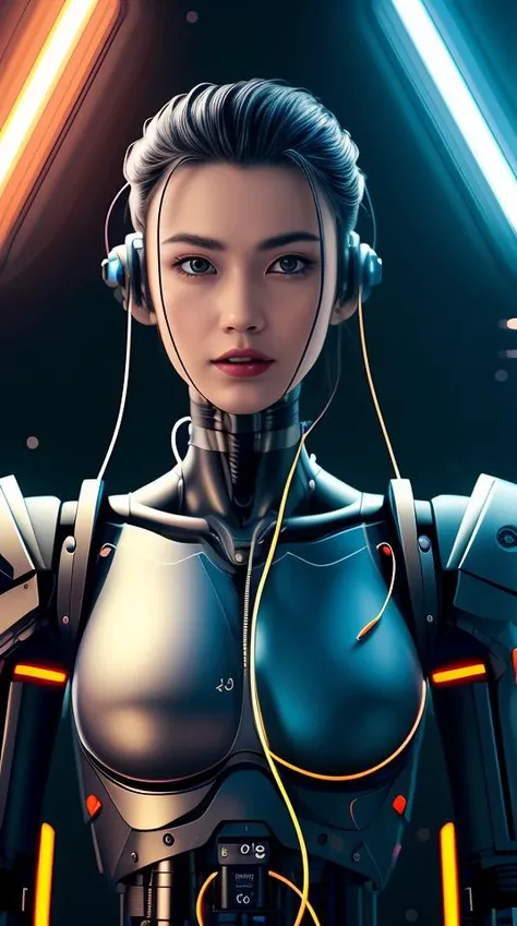 A beautiful robot girl,Has realistic features and expressions, Stunning metallic texture, Intricate details, and advanced mechanics. She has glowing LED eyes, Skin as smooth as porcelain, and perfectly glossy lips. Her sleek and stylish design perfectly blends futuristic aesthetics and humanistic charm. She held her head high,Confident posture,Arms in an elegant pose. The scene around her shows an environment filled with futuristic technology,Featuring state-of-the-art machinery and a tranquil backdrop. Lights are vibrant, Mix of warm and cool colors, Creates a captivating and surreal atmosphere. The art style is a fusion of realistic art and conceptual art, Combining lifelike details with artistic interpretation. Bright and eye-catching colors, With metallic accents and neon accents. highest image quality, With ultra-fine rendering, Precise Shadows, And clear focus. in any sense,This is a masterpiece, Created with professional skill and attention to every detail.
