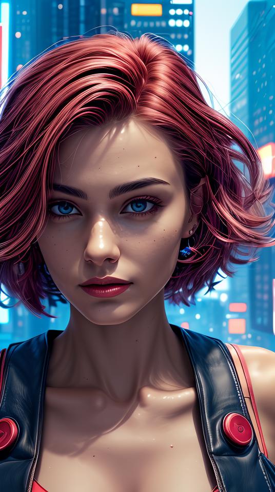 A woman with red hair and a black vest standing in front of a city ...