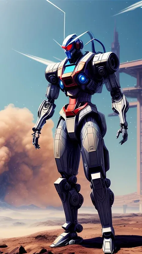 full body concept art of a mech space samurai with jet pack and thin mech wings, hovers above ground, dust swirls under him, realistic, cinematic, atmospheric, sci - fi movie character, cctane render, by moebius, alphonse mucha, roger deakins, masamune shirow <lora:add_detail:2>