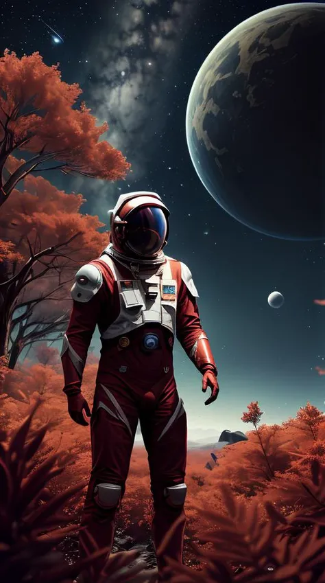 an astronaut with red armor, in a dense red forest, nomanssky style wallpaper,abstract dream, space, intricate, grand scale, alone, cinematic film still, insane detail, sharp focus, depth of field, realistic lighting, (realistic perspective), complex, (multiple subjects), 4k HDR,<lora:add_detail:0.5> <lora:more_details:0.25> <lora:20230530123038:0.25>