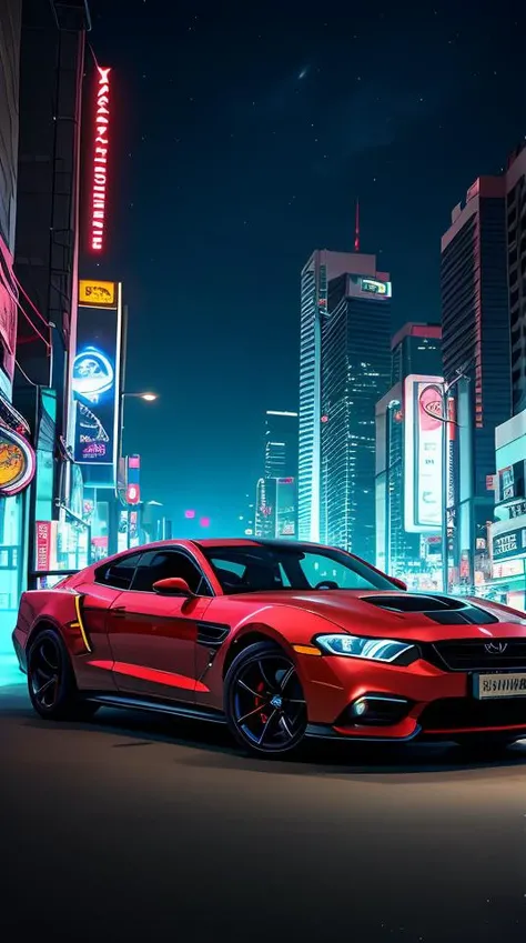 hyper realistic,metal,professional photo of a futuristic muscle car with multiple modifications, large wheels, driving, cybernetic hood, cyber car parts, front pop up headlights, science fiction, sci-fi scenario, (night), natural light, cyberpunk, futuristic city, cyberpunk city, neon signs, highly detailed, (highly detailed background), multiple buildings in the background, detailed textures, wide angle, 8k, HDR, professional photoshoot, high quality photo, realistic photo, realistic shadows, detailed shadows, realistic proportions,film grain, raw photo,(front),