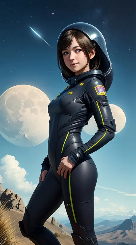 masterpiece,best quality,ultra detailed,highres,high-resolution,4k,4k portrait,8k,(8k portrait),unity 8k wallpaper,extremely detailed CG,realistic,RAW photo,real person(portraitphotography),photorealistic,detailed skin, (No-man's-sky Game Design Picture:1.1),(1girl),Bizarre animal,The girl is wearing space suit,A spaceship is flying in the sky,Face the front,On the ground,Ground,any moon floating in the sky,(face),((front)),(A girl looking in front),18 -year -old British woman,smile,fun,((Alien and commemorative photo)),((Bizarre creatures and commemorative photos)),(Giant spacecraft),Above the knees,Spread earth,Stand on the hill,(Alien standing next to a girl),(A strange creature is attached to her),With a yellow mesh in the blue god,Classic French Braid,__eye_color,amb__,