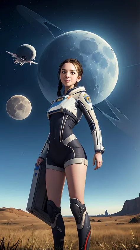 masterpiece,best quality,ultra detailed,highres,high-resolution,4k,4k portrait,8k,(8k portrait),unity 8k wallpaper,extremely detailed CG,realistic,RAW photo,real person(portraitphotography),photorealistic,detailed skin, (No-man's-sky Game Design Picture:1.1),(1girl),Bizarre animal,The girl is wearing space suit,A spaceship is flying in the sky,Face the front,On the ground,Ground,any moon floating in the sky,(face),((front)),(A girl looking in front),18 -year -old British woman,smile,fun,((Alien and commemorative photo)),((Bizarre creatures and commemorative photos)),(Giant spacecraft),Above the knees,Spread earth,Stand on the hill,(Alien standing next to a girl),(A strange creature is attached to her),With a yellow mesh in the blue god,Classic French Braid,__eye_color,amb__,