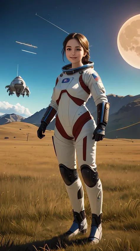 masterpiece,best quality,ultra detailed,highres,high-resolution,4k,4k portrait,8k,(8k portrait),unity 8k wallpaper,extremely detailed CG,realistic,RAW photo,real person(portraitphotography),photorealistic,detailed skin, (No-man's-sky Game Design Picture:1.1),(1girl),Bizarre animal,The girl is wearing space suit,A spaceship is flying in the sky,Face the front,On the ground,Ground,any moon floating in the sky,(face),((front)),(A girl looking in front),18 -year -old British woman,smile,fun,((Alien and commemorative photo)),((Bizarre creatures and commemorative photos)),(Giant spacecraft),Above the knees,Spread earth,Stand on the hill,(Alien standing next to a girl),(A strange creature is attached to her),With a yellow mesh in the blue god,Classic French Braid,__eye_color,amb__,