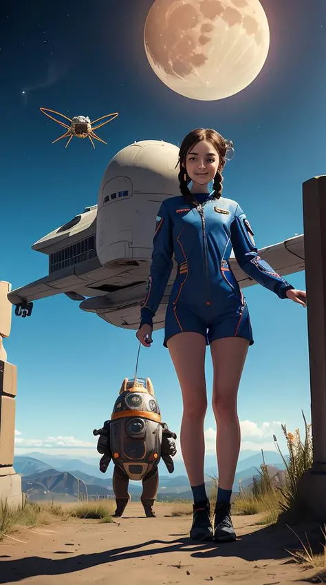 masterpiece,best quality,ultra detailed,highres,high-resolution,4k,4k portrait,8k,(8k portrait),unity 8k wallpaper,extremely detailed CG,realistic,RAW photo,real person(portraitphotography),photorealistic,detailed skin, (No-man's-sky Game Design Picture:1.1),(1girl),Bizarre animal,The girl is wearing space suit,A spaceship is flying in the sky,Face the front,On the ground,Ground,any moon floating in the sky,(face),((front)),(A girl looking in front),18 -year -old British woman,smile,fun,((Alien and commemorative photo)),((Bizarre creatures and commemorative photos)),(Giant spacecraft),Above the knees,Spread earth,Stand on the hill,(Alien standing next to a girl),(A strange creature is attached to her),With a yellow mesh in the blue god,Classic French Braid,__eye_color,amb__,
