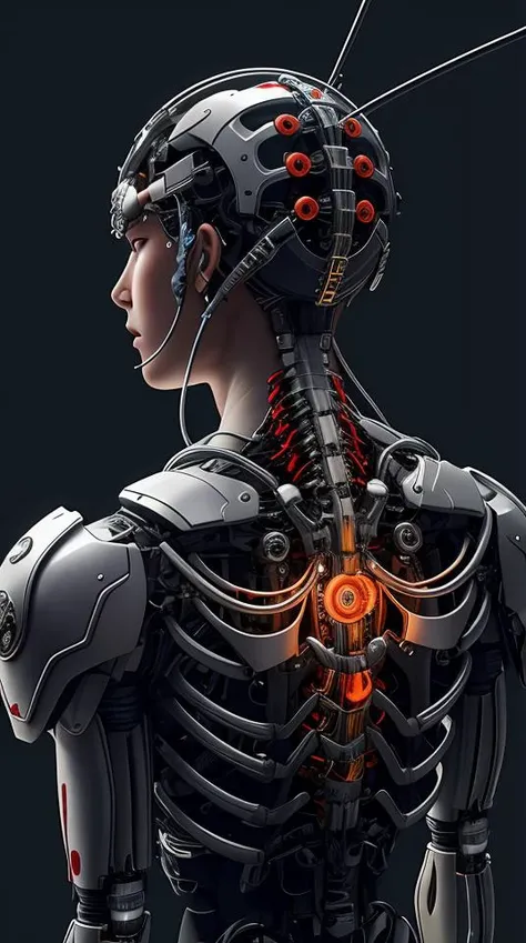 1mechanical man,((ultra realistic details)), portrait,octane render, 8k, ultra sharp,intricate, illumination,, metal, chinese style,chinese dragon, egypician detail, highly intricate details, realistic light, shadows, ornaments detailed, cold colors trending on cgsociety, glowing eyes, facing camera, neon details, machanical limbs,blood vessels connected to tubes,mechanical vertebra attaching to back,mechanical cervial attaching to neck,sitting,wires and cables connecting to head
