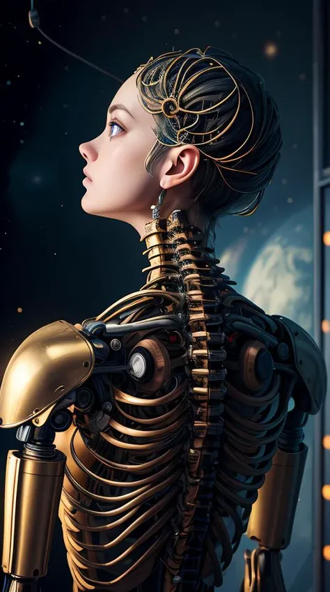 (1girl), (human face, human skin:1.3), Highly Detailed Beautiful girl, (extremely detailed beautiful face), Amazing face and eyes, (Highest Quality: 1.4), (Super Detailed), (Very Delicate and Beautiful), golden body, Biomechanical Cyborg, Beautiful Natural Shapes, Arteries, Veins , lace, colorful details, diamond earrings, very delicate embroidery, intricate details, skeleton, ultra-transparent skin, surreal, Super detailed, cyborg girl, realistic, (detailed golden skeleton, hollow body interior, skeleton made of golden metal, half human, translucent human body, Skin made of layers of extremely complex metal fibers, The inside of the body is an incredibly complex structure made up of countless IC chips: 1.6), iridescent, futuristic, super complex, super beautiful, highly detailed CG unified 8K wallpaper, high resolution raw color photo, professional photo, flesh and blood, (cyber punk, Spiral structure, future urban cyberspace, iridescent illumination, dazzling light:1.35),