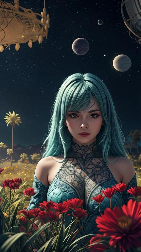 beautiful girl with long turqoise hair in a garden, cute, intricate, highly detailed, digital painting, trending on artstation, concept art, smooth, sharp focus, backlit, rim light, vivid colors, illustration, unreal engine 5, 8 k, art by rossdraws and alphonse mucha, abstract dream, space, intricate, grand scale, alone, cinematic film still, insane detail, sharp focus, depth of field, realistic lighting, (realistic perspective), complex, (multiple subjects), 4k HDR,<lora:add_detail:0.5>,<lora:more_details:0.25>,<lora:FantasyWorldV1:0.25>,