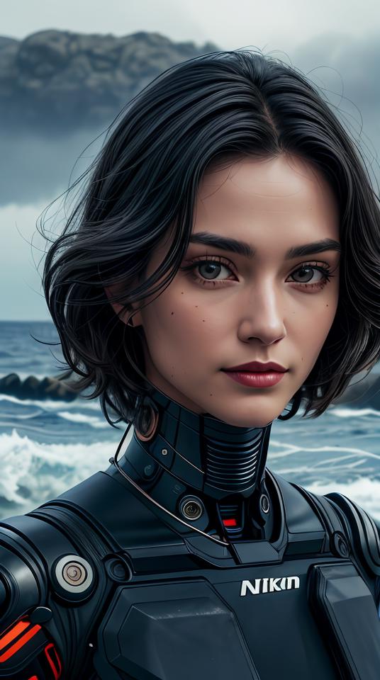 A woman in a black suit standing on a beach next to the ocean - SeaArt AI