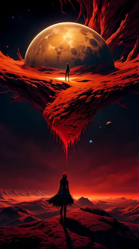 surreal snow landscape, woman in gold dress with red hair crawling in red liquid, black antimatter blobs, floating golden orbs, red sky, concept art, artstation, painting by anato finnstark, abstract dream, space, intricate, grand scale, alone, cinematic film still, insane detail, sharp focus, depth of field, realistic lighting, (realistic perspective), complex, (multiple subjects), 4k HDR,<lora:add_detail:0.5>,<lora:more_details:0.25>,<lora:FantasyWorldV1:0.25>,