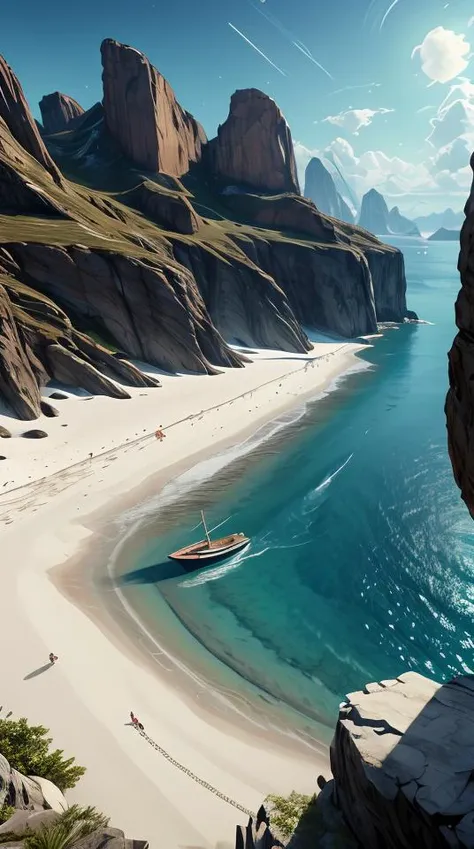 A breathtaking shoreline with shimmering water and white sand, extremely detailed oil painting, unreal 5 render, rhads, Bruce Pennington, Studio Ghibli, tim hildebrandt, digital art, octane render, beautiful composition, trending on artstation, award-winning photograph, masterpiece, abstract dream, space, intricate, grand scale, alone, cinematic film still, insane detail, sharp focus, depth of field, realistic lighting, (realistic perspective), complex, (multiple subjects), 4k HDR,<lora:add_detail:0.5>,<lora:more_details:0.25>,<lora:FantasyWorldV1:0.25>,