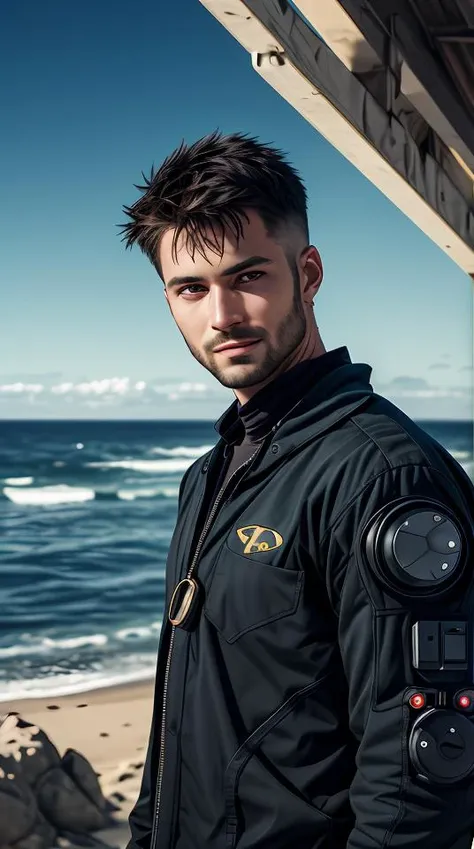 8k high quality, detailed, colorful analog photo, masterpiece, photorealistic, vibrant color film, masterclass, heavy (film grain), Fujicolor 400, Nikon F401,man in black clothes, bald, face, half body, body, high detailed skin, skin pores, coastline, overcast weather, wind, waves, portrait512 Cyborg512 Tay512, electronics, motors, wires, buttons, lcd,traditional media,abstract dream, space, intricate, grand scale, alone, cinematic film still, insane detail, sharp focus, depth of field, realistic lighting, (realistic perspective), complex, (multiple subjects), 4k HDR,<lora:add_detail:0.5> <lora:more_details:0.25> <lora:FantasyWorldV1:0.25>