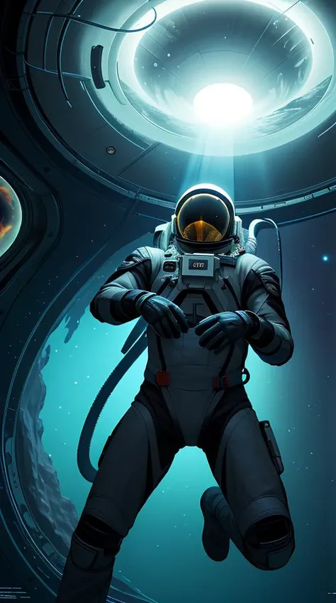 infrared concept art by craig mullins astronaut holds a black hole in his hands in futuristic dark and empty spaceship underwater. complex and hyperdetailed technical suit. mandelbulb fractal. reflection and dispersion materials. rays and dispersion of light. volumetric light. 5 0 mm, f / 3 2. noise film photo. flash photography. octane render. interstellar movie art