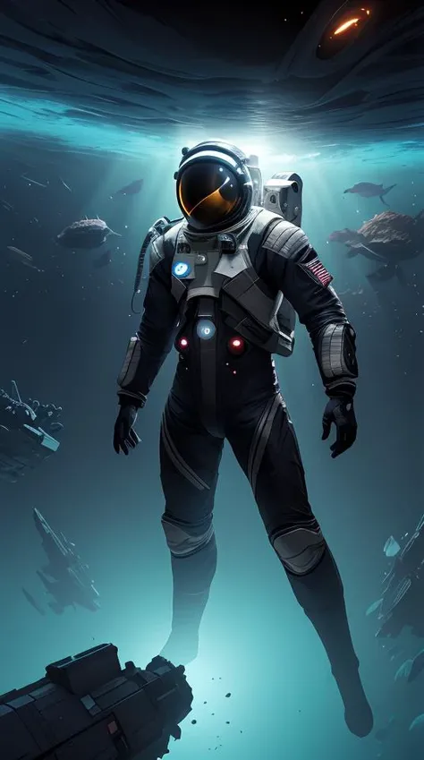 infrared concept art by craig mullins astronaut holds a black hole in his hands in futuristic dark and empty spaceship underwater. complex and hyperdetailed technical suit. mandelbulb fractal. reflection and dispersion materials. rays and dispersion of light. volumetric light. 5 0 mm, f / 3 2. noise film photo. flash photography. octane render. interstellar movie art