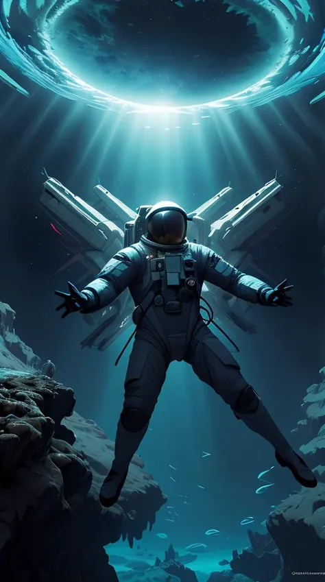 infrared concept art by craig mullins astronaut holds a black hole in his hands in futuristic dark and empty spaceship underwater. complex and hyperdetailed technical suit. mandelbulb fractal. reflection and dispersion materials. rays and dispersion of light. volumetric light. 5 0 mm, f / 3 2. noise film photo. flash photography. octane render. interstellar movie art