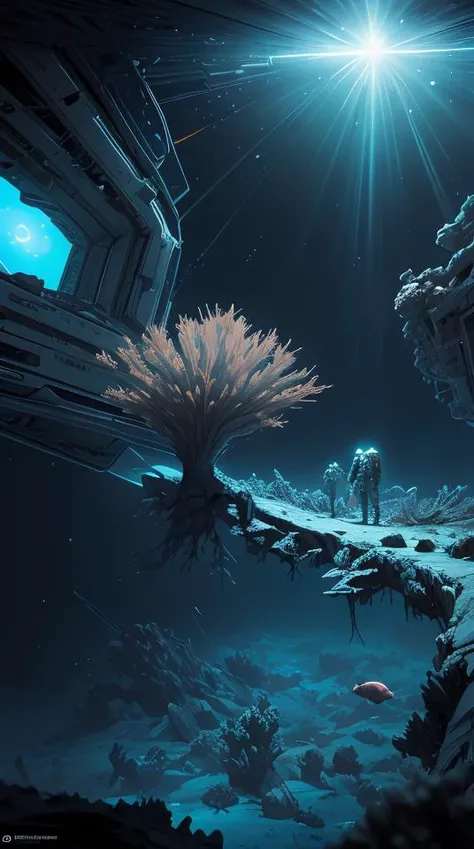 infrared concept art by craig mullins astronaut holds a black hole in his hands in futuristic dark and empty spaceship underwater. complex and hyperdetailed technical suit. mandelbulb fractal. reflection and dispersion materials. rays and dispersion of light. volumetric light. 5 0 mm, f / 3 2. noise film photo. flash photography. octane render. interstellar movie art