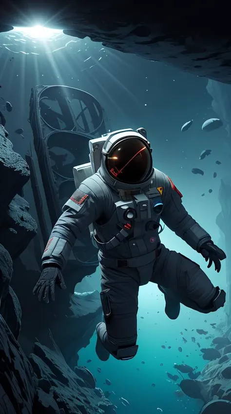 infrared concept art by craig mullins astronaut holds a black hole in his hands in futuristic dark and empty spaceship underwater. complex and hyperdetailed technical suit. mandelbulb fractal. reflection and dispersion materials. rays and dispersion of light. volumetric light. 5 0 mm, f / 3 2. noise film photo. flash photography. octane render. interstellar movie art