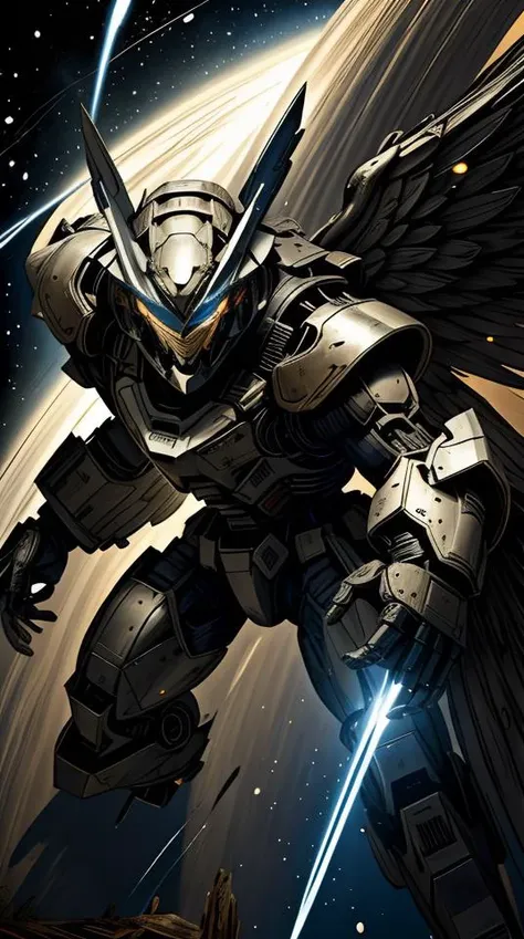 (masterpiece, best quality:1.3),extremely high detailed, intricate, 8k, HDR, wallpaper, cinematic lighting, <lora:Mecha:1> ,(universe:1.4),gun,(firing), glowing, armor, glowing eyes, mecha, large wings,