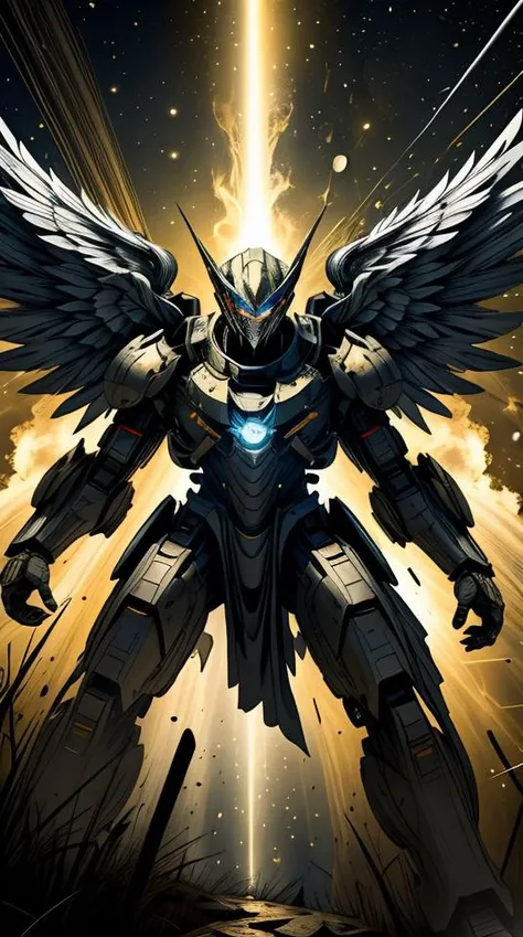 (masterpiece, best quality:1.3),extremely high detailed, intricate, 8k, HDR, wallpaper, cinematic lighting, <lora:Mecha:1> ,(universe:1.4),gun,(firing), glowing, armor, glowing eyes, mecha, large wings,