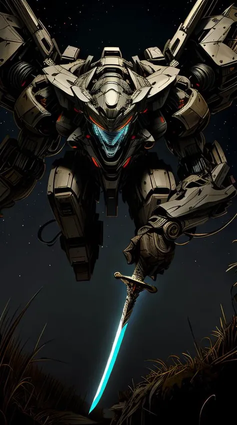 (masterpiece, best quality:1.3),extremely high detailed, intricate, 8k, HDR, wallpaper, cinematic lighting, <lora:Mecha:1> ,large sword, glowing, glowing eyes, mecha, realistic, <lora:CyberPunkAI:0.5>