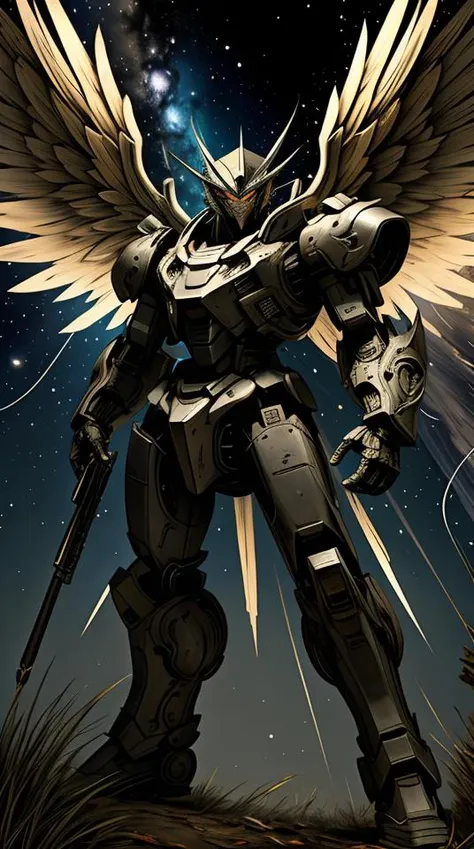 (masterpiece, best quality:1.3),extremely high detailed, intricate, 8k, HDR, wallpaper, cinematic lighting, <lora:Mecha:1> ,(universe:1.4),gun,(firing), glowing, armor, glowing eyes, mecha, large wings,
