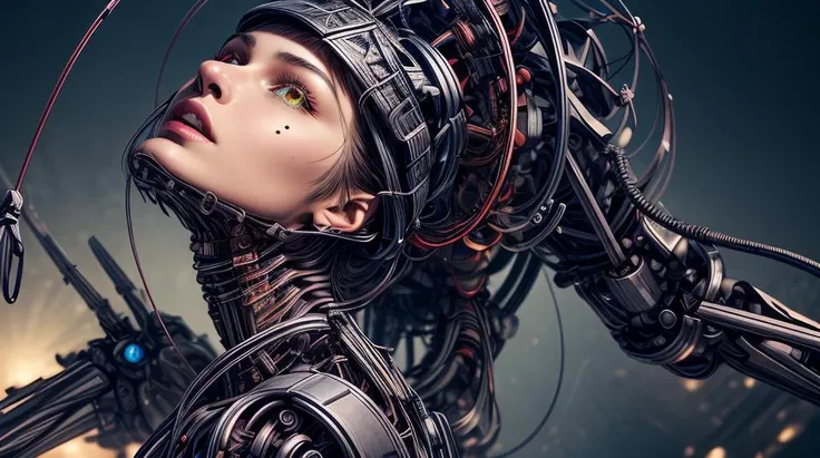 1mechanical girl,((ultra realistic details)), portrait, global illumination, shadows, octane render, 8k, ultra sharp,metal,intricate, ornaments detailed, cold colors, egypician detail, highly intricate details, realistic light, trending on cgsociety, glowing eyes, facing the camera, neon details, mechanical limbs, mechanical vertebra attaching to back,mechanical cervial attaching to neck,sitting,wires and cables connecting to head, gigantic breasts, cleavage, bursting breasts, brunette hair, wide angle, huge ass, worm monster with a lot of teeth swallowing woman's head, abstract art, pixel art <lora:add_detail:2>