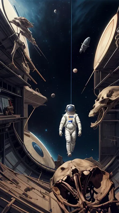 "realistic detailed image of an cosmonaut alone in the tundra next to whale skeleton in the style of Francis Bacon, Surreal, Norman Rockwell and James Jean, Greg Hildebrandt, and Mark Brooks, triadic color scheme, By Greg Rutkowski, in the style of Francis Bacon and Syd Mead and Edward Hopper and Norman Rockwell and Beksinski, open ceiling, highly detailed, painted by Francis Bacon, painted by James Gilleard, surrealism, airbrush, Ilya Kuvshinov, WLOP, Stanley Artgerm, very coherent, art by Takato Yamamoto and James Jean"
abstract dream, space, intricate, grand scale, alone, cinematic film still, insane detail, sharp focus, depth of field, realistic lighting, (realistic perspective), complex, (multiple subjects), 4k HDR,
<lora:add_detail:0.5> <lora:more_details:0.25> <lora:FantasyWorldV1:0.25>
