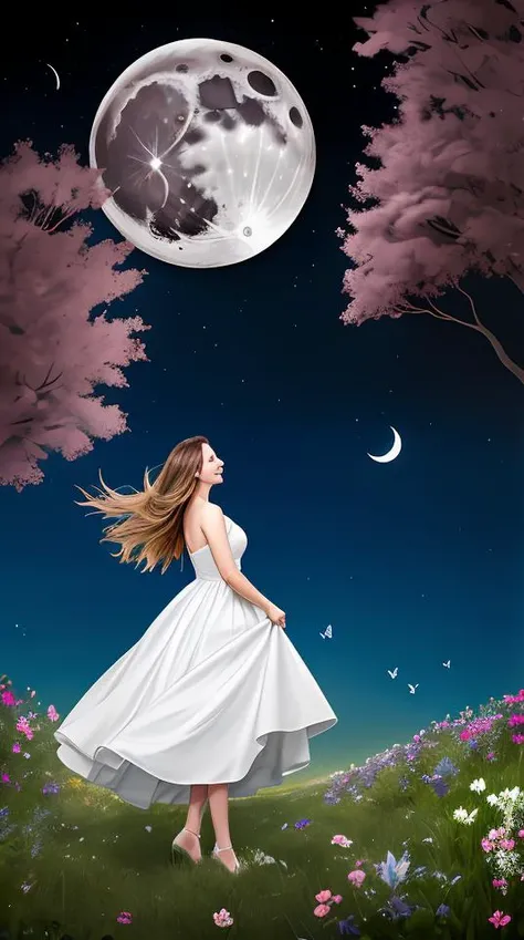 whitetown, 1girl, moon, dress, tree, crescent moon, flower, rabbit, white dress, night, butterfly, solo, bug, sky, nature<lora:whitetown-block:1>