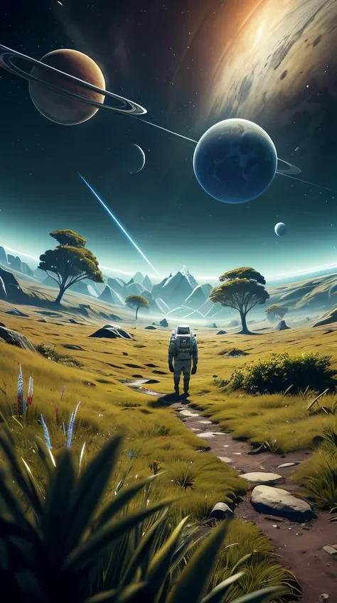 an astronaut standing in a lush field, nomanssky style wallpaper, high resolution 4K concept art beautiful masterpiece,abstract dream, space, intricate, grand scale, alone, cinematic film still, insane detail, sharp focus, depth of field, realistic lighting, (realistic perspective), complex, (multiple subjects), 4k HDR,<lora:add_detail:0.5> <lora:more_details:0.25> <lora:20230530123038:0.25>