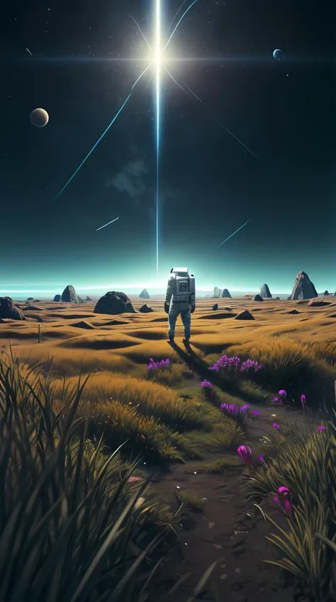 an astronaut standing in a lush field, nomanssky style wallpaper, high resolution 4K concept art beautiful masterpiece,abstract dream, space, intricate, grand scale, alone, cinematic film still, insane detail, sharp focus, depth of field, realistic lighting, (realistic perspective), complex, (multiple subjects), 4k HDR,<lora:add_detail:0.5> <lora:more_details:0.25> <lora:20230530123038:0.25>