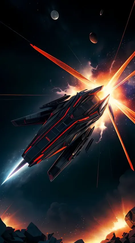 a matte black fighter starship, (flying away from an explosion:1.4), cinematic lens flare, bloom, dynamic lighting, massive fireball, 4k vfx,abstract dream, space, intricate, grand scale, alone, cinematic film still, insane detail, sharp focus, depth of field, realistic lighting, (realistic perspective), complex, (multiple subjects), 4k HDR,<lora:add_detail:0.5> <lora:more_details:0.25> <lora:20230530123038:0.25>