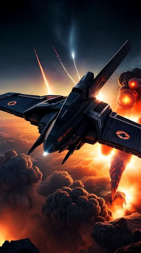 a matte black fighter starship, (flying away from an explosion:1.4), cinematic lens flare, bloom, dynamic lighting, massive fireball, 4k vfx,abstract dream, space, intricate, grand scale, alone, cinematic film still, insane detail, sharp focus, depth of field, realistic lighting, (realistic perspective), complex, (multiple subjects), 4k HDR,<lora:add_detail:0.5> <lora:more_details:0.25> <lora:20230530123038:0.25>
