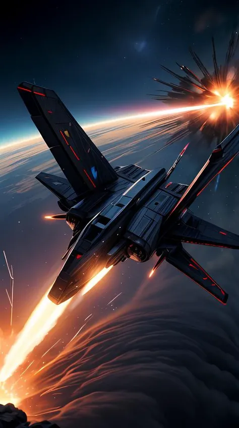 a matte black fighter starship, (flying away from an explosion:1.4), cinematic lens flare, bloom, dynamic lighting, massive fireball, 4k vfx,abstract dream, space, intricate, grand scale, alone, cinematic film still, insane detail, sharp focus, depth of field, realistic lighting, (realistic perspective), complex, (multiple subjects), 4k HDR,<lora:add_detail:0.5> <lora:more_details:0.25> <lora:20230530123038:0.25>
