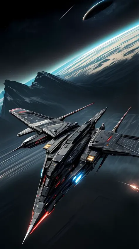a sci-fi (metallic black:1.4) fighter starship flying through space, high resolution science fiction concept art,A sci-fi cityscape, nomanssky style wallpaper,abstract dream, space, intricate, grand scale, alone, cinematic film still, insane detail, sharp focus, depth of field, realistic lighting, (realistic perspective), complex, (multiple subjects), 4k HDR,<lora:add_detail:0.5> <lora:more_details:0.25> <lora:20230530123038:0.25>