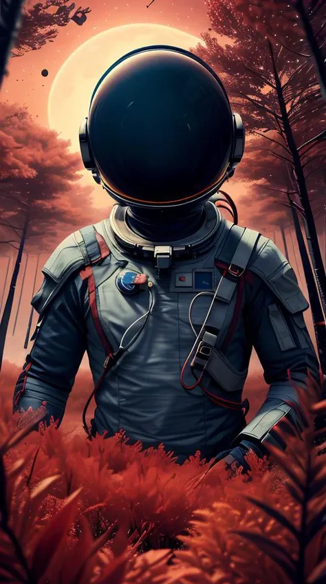 an astronaut with red armor, in a dense red forest, nomanssky style wallpaper,abstract dream, space, intricate, grand scale, alone, cinematic film still, insane detail, sharp focus, depth of field, realistic lighting, (realistic perspective), complex, (multiple subjects), 4k HDR,<lora:add_detail:0.5> <lora:more_details:0.25> <lora:20230530123038:0.25>