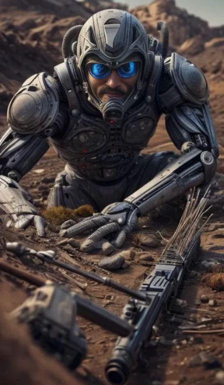 looking at viewer,aiming at viewer,rifle at viewer,intricate detail,men with long beard,Semi mechanical, solo,portrait512 Cyborg512 Tay512,electronics, motors, wires, buttons, lcd,,wasteland,ruin,dusty,dry,space, intricate, grand scale, alone, cinematic film still, insane detail, sharp focus, depth of field, realistic lighting, (realistic perspective), complex, (multiple subjects), 4k HDR, <lora:add_detail:0.5> <lora:more_details:0.25> <lora:FantasyWorldV1:0.25>