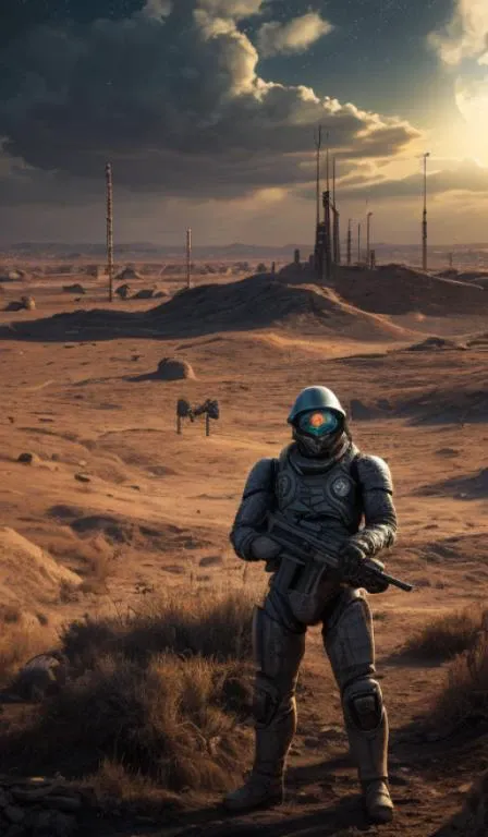 looking at viewer,aiming at viewer,rifle at viewer,intricate detail,men with long beard,Semi mechanical, solo,portrait512 Cyborg512 Tay512,electronics, motors, wires, buttons, lcd,,wasteland,ruin,dusty,dry,space, intricate, grand scale, alone, cinematic film still, insane detail, sharp focus, depth of field, realistic lighting, (realistic perspective), complex, (multiple subjects), 4k HDR, <lora:add_detail:0.5> <lora:more_details:0.25> <lora:FantasyWorldV1:0.25>