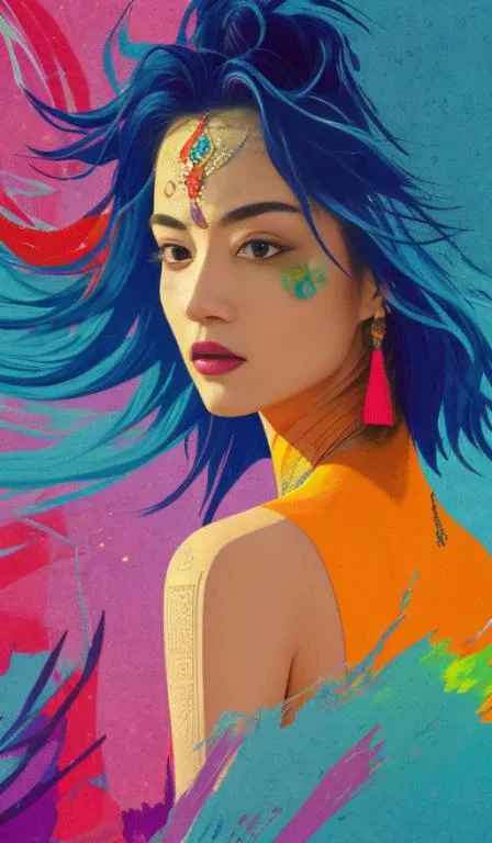 Abstract, 8K, photo shot from front, mid-body portrait, highly-detailed, (flat color:1.1),(colorful:1.3),(masterpiece:1.2), best quality, masterpiece, original, extremely detailed wallpaper, looking at viewer, DUNHUANG,DUNHUANG_BACKGROUND,a lot of details,mysterious expression, in a modern and abstract setting, with bold and colorful abstract art, blurred background, bright lighting,
