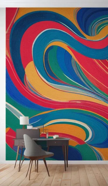 Abstract, 8K, photo shot from front, mid-body portrait, highly-detailed, (flat color:1.1),(colorful:1.3),(masterpiece:1.2), best quality, masterpiece, original, extremely detailed wallpaper, looking at viewer, DUNHUANG,DUNHUANG_BACKGROUND,a lot of details,mysterious expression, in a modern and abstract setting, with bold and colorful abstract art, blurred background, bright lighting,