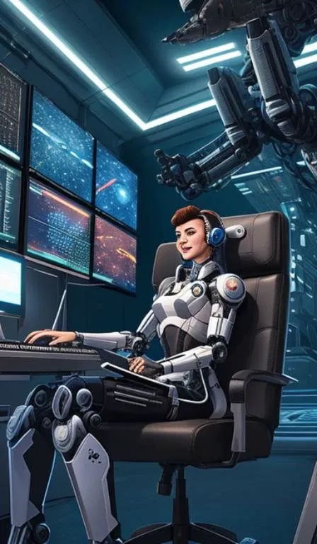 a woman sitting in a chair with a computer on it's back and a keyboard on her lap, Eve Ryder, laurie greasley, cyberpunk art, space art, mecha pilot girl, smile, 1girl, mecha, cockpit, inside robot