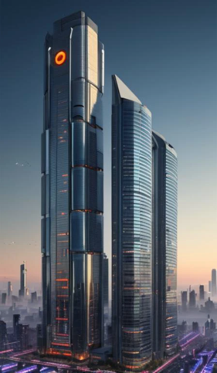 ((Best quality)),((masterpiece)),((realistic)),futuristic style,cyberpunk,skyscraper,metropolis,sense of science and technology,blue and orange tones,