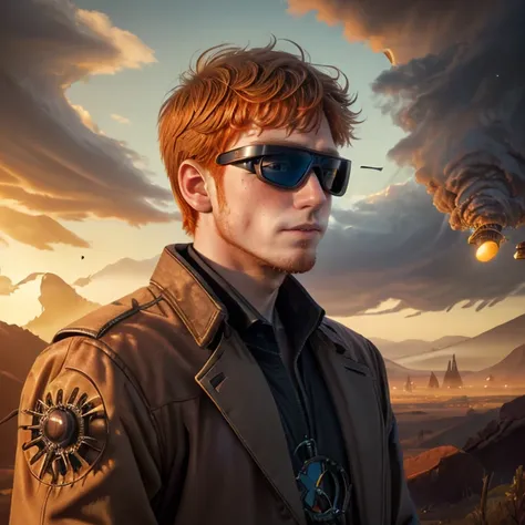 action shot of ((<lora:dg_Finn:1> dg_Finn, ginger facial stubble, 18yo) :1.10) (Cinematic film still), Shallow depth of field, vignette, highly detailed, high budget, bokeh, cinemascope, epic, gorgeous, masterpiece, best quality, absurdres, detailed, ultra-detailed, max detail, 4k uhd BREAK (style-rustmagic:0.8), portrait, (bloody wounds:0.7), looking away, solo, (full body:0.6), detailed background, (<lora:DonMASKTex:0.4>, rotators, DonMASKTex theme:1.1) smirk, dynamic pose, bright clouds technomancer, floating lights, brown trenchcoat with gears, techwear, goggles , workshop in background, steam, technology, anvil, , gauges, , smoke, intense atmosphere,