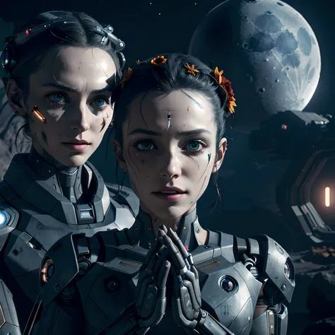<lora:epi_noiseoffset2:0.999> <lora:V1.1-17SciencefictioncityonMars:0.333>
night, dark space, spaceship, dark lighting, war between two cities on mars, moonlight reflection, landscape
portrait, 2girl, cyborg and woman, (a cyborg woman touches a woman face with his hands:1.333), a cyborg has black tears from his eyes, a man with a wreath of flowers on his head, biomechanical, dark studio
4k, quixel megascans render, sintane render, hdr, best quality, masterpiece, photo-realistic, perfect detail, cinematic lighting, sci-fi