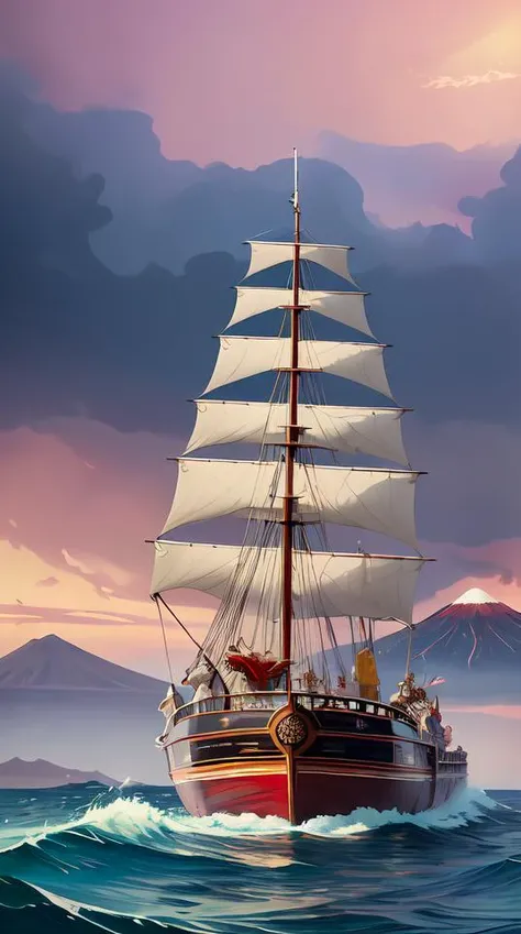 epic modern ukiyo - e, samurais on a boat, giant octopus, large waves, volcano in the background, detailed, digital painting, artstation, concept art, breathtaking, 8 k resolution, extremely detailed, beautiful, establishing shot, artistic, hyperrealistic, octane render, donato giancola, joseph christian leyendecker, wlop, boris vallejo
