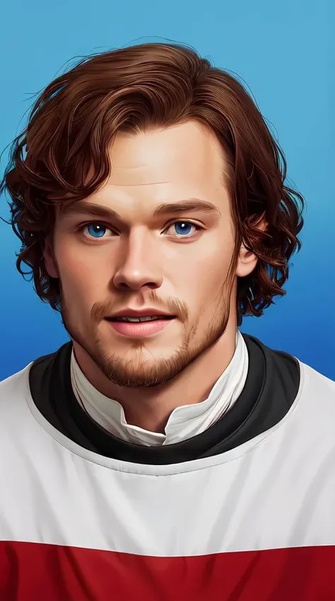 Sam Heughan as Jamie Fraser, caricature portrait exaggerated by Sebastian Krger and Bruno Tesse trending on artstation, hyperdetailed, funny , humor, perfect composition. Scotland background