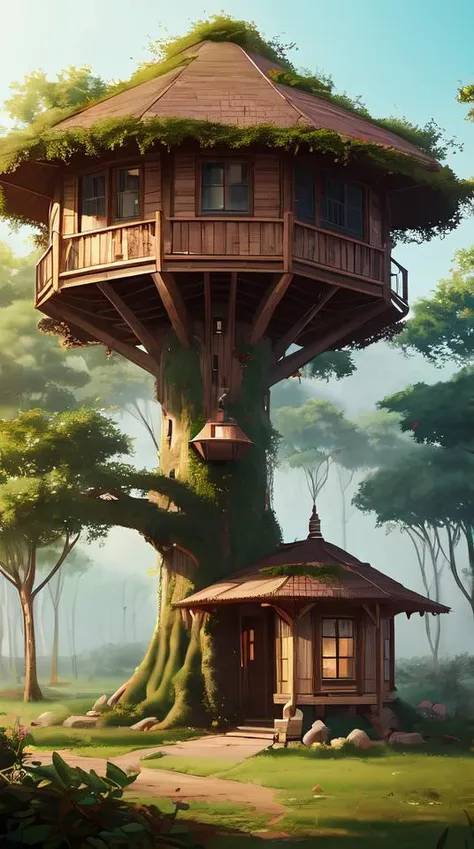 detailed full body concept art illustration pastel painting of a treehouse, ultra detailed, digital art, octane render, dystopian, micro detail 4k