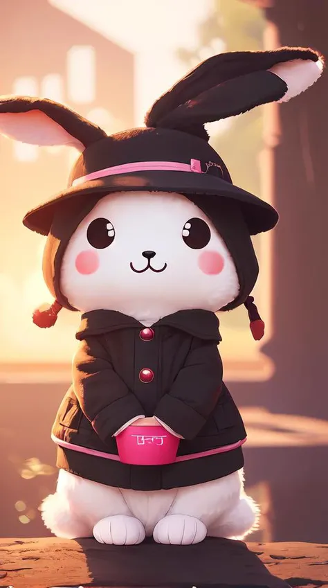 amazingly detailed semirealism, anthropomorphic pink rabbit character wearing a black bucket hat. Cute, kawaii, Cooky, bt21, Sanrio inspired. Beautiful artwork, Rabbt_character, rabbit_bunny, iconic character splash art, Detailed fur, detailed textures, 4K high resolution quality artstyle by WLOP, Aztodio, artgerm, James jean, Guweiz, Pixiv, Instagram, dribbble, ArtstationHD