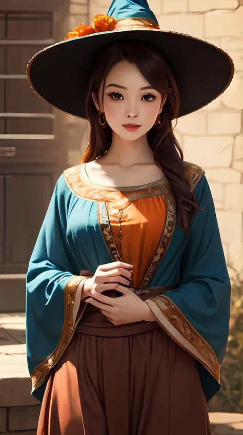 full shot cute mischievous young witch getting up to trouble, floral huipil peasant blouse, black and orange, magical, latina, defined facial features, symmetrical facial features. by ruan jia and artgerm and range murata and wlop and william adolphe bouguereau, key art, fantasy illustration, award winning, artstation, intricate realistic hyperdetailed hdr