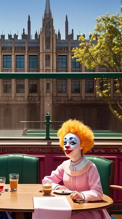 a highly detailed beautiful portrait close up hyper realistic photograph of british members of parliament in the house of commons wearing pastel coloured clown costumes with pleasant oversized joyful faces, they are smoking. in the style of edward hopper, richard hamilton. concept art. green leather benches. photographic. concept. crisp digital art. no artefacts. desaturated. high fidelity facial portrait. 8 k